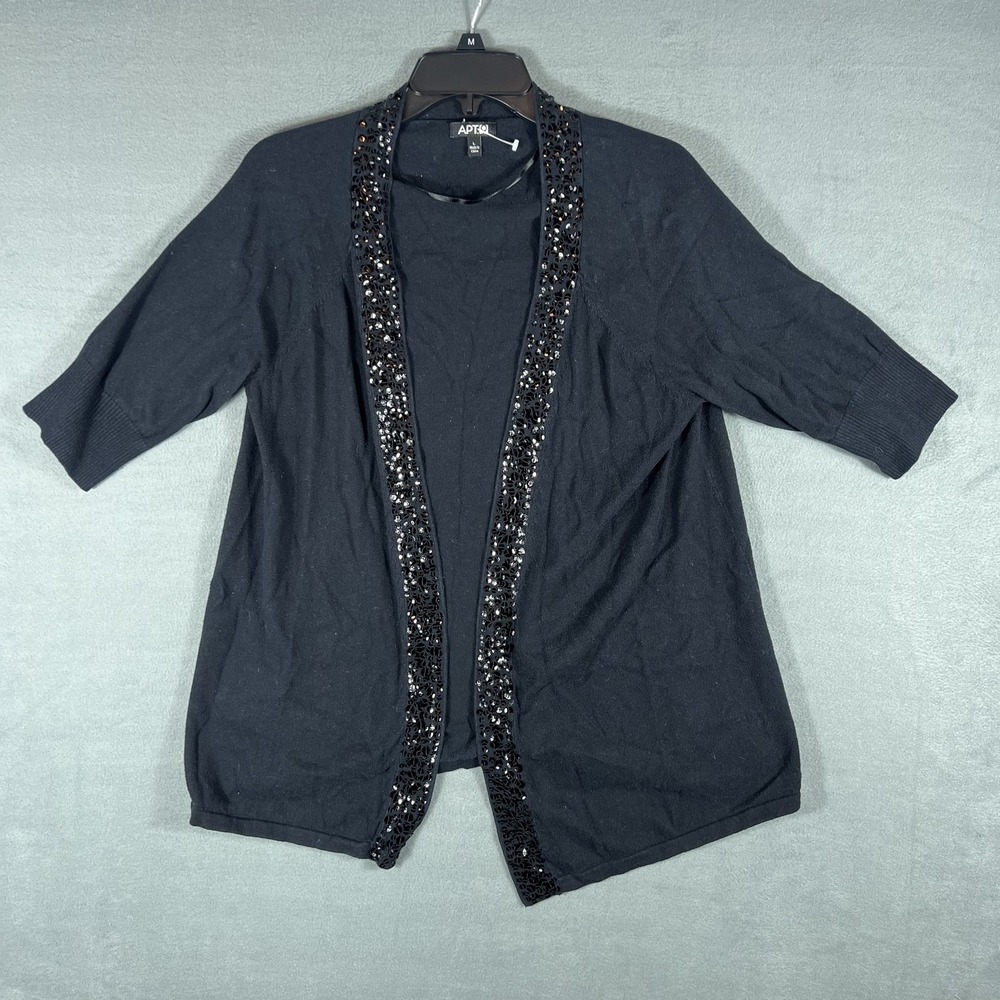 APT 9 Women's Black Sequin Open Front Cardigan Sweater Size L 3/4 Sleeve Cotton